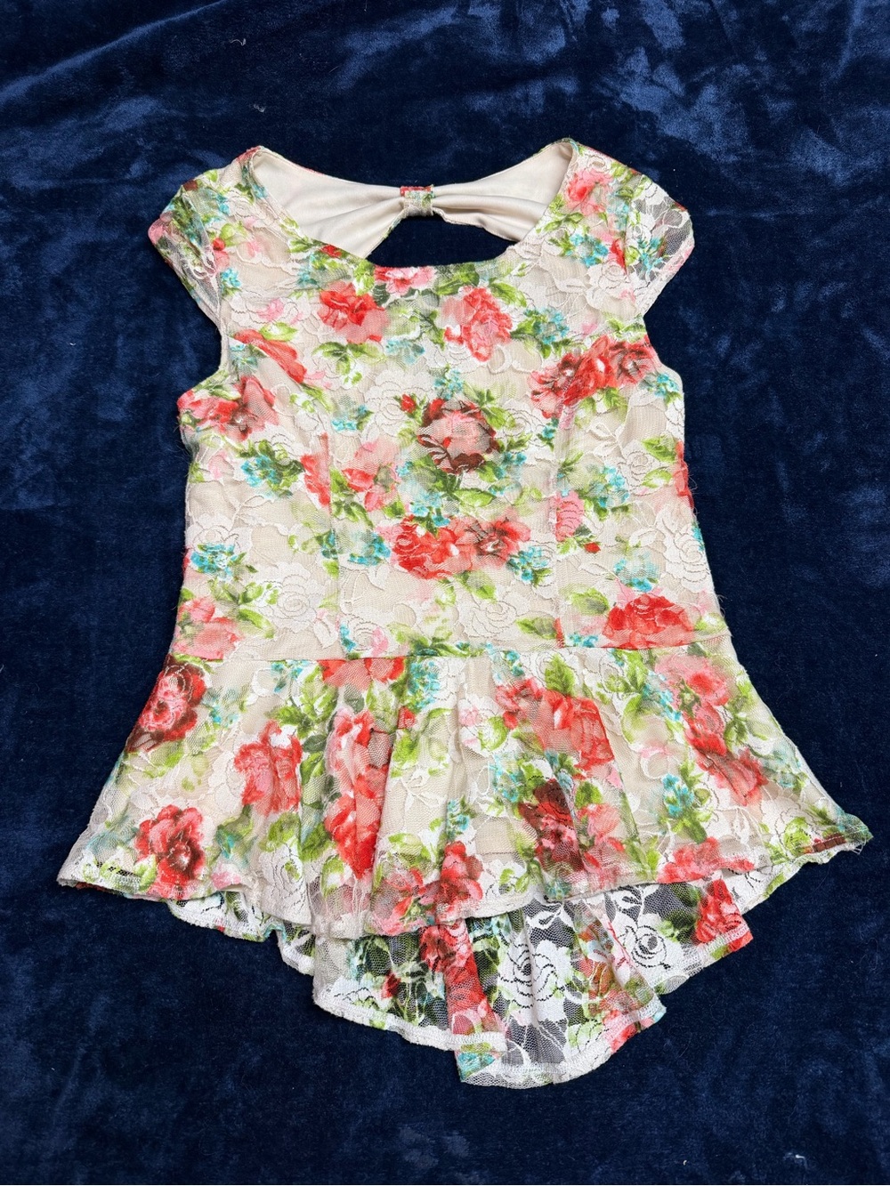BCX Floral Lace Peplum Top - Pink, Green & Blue